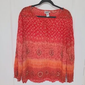 California Krush Women's Blouse Sz 1X Orange Yellow Red Gauzy Long Sleeve EUC